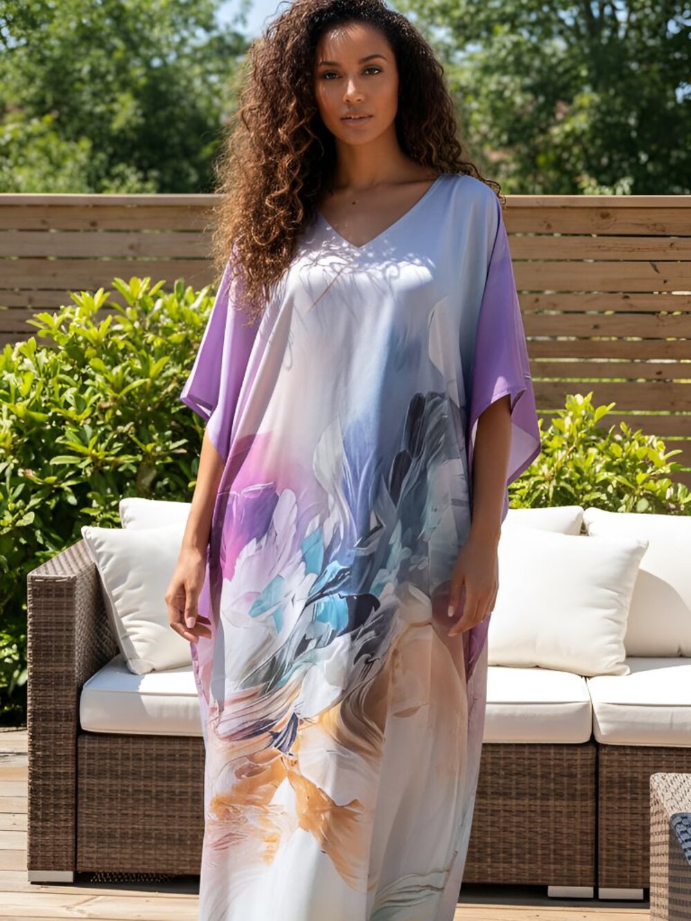 Elegant Lavender Floral Print Satin Silk Kaftan | Plus Size Maxi Cover Up